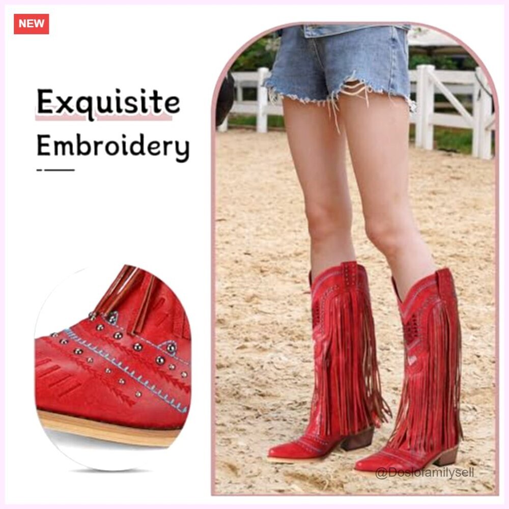 Women's Western Boots Chunky Heel Pointed Toe Knee High Wide Calf - Picture 6 of 7